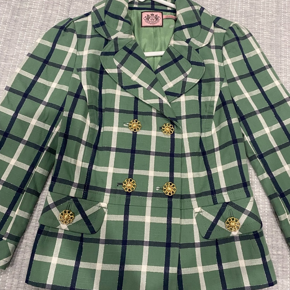 Vintage Juicy Couture Green Plaid Blazer with Gold Buttons
